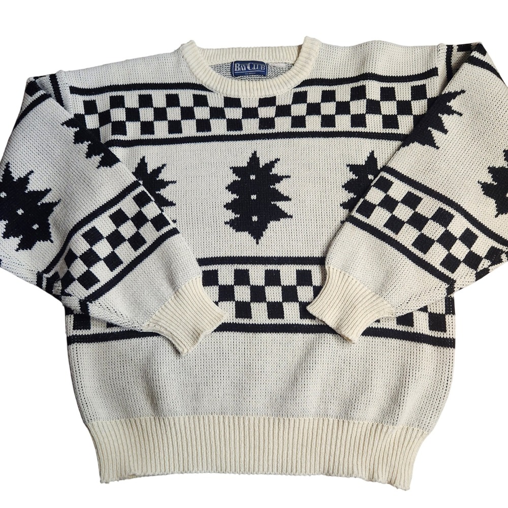 Vintage Bay Club Sweater Mens Large White Black Geometric Checkerboard Knit 90s‎